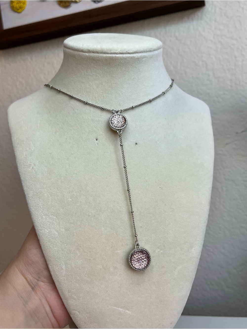 ANN TAYLOR Necklace Silver Tone Rhinestone Accents Y Drop Long  36”